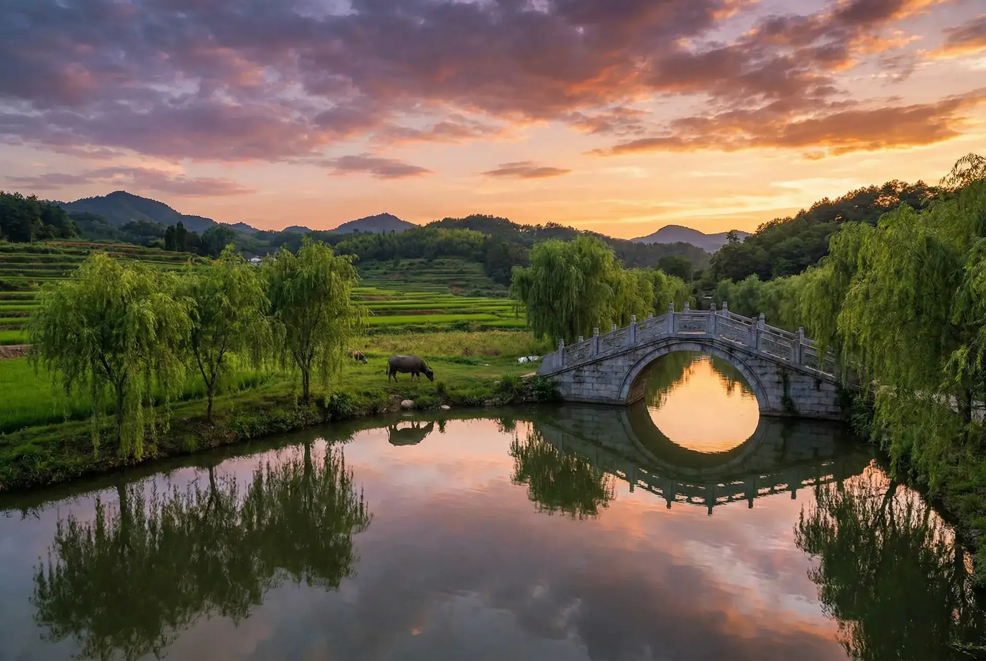 夕阳下的石拱桥与垂柳，水牛在河边吃草 - 童话村手机免费观看 乡村美景